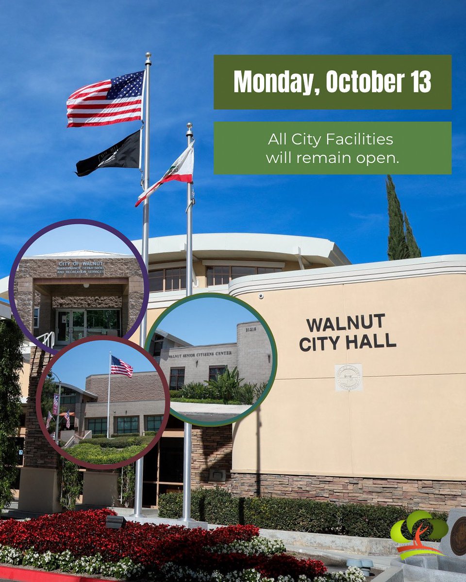 🚨Attention Walnut!🚨

Walnut City Hall and all facilities will remain open this Monday, October 13, which is a state and federal holiday.

If you need assistance, our doors are open and ready to serve you!