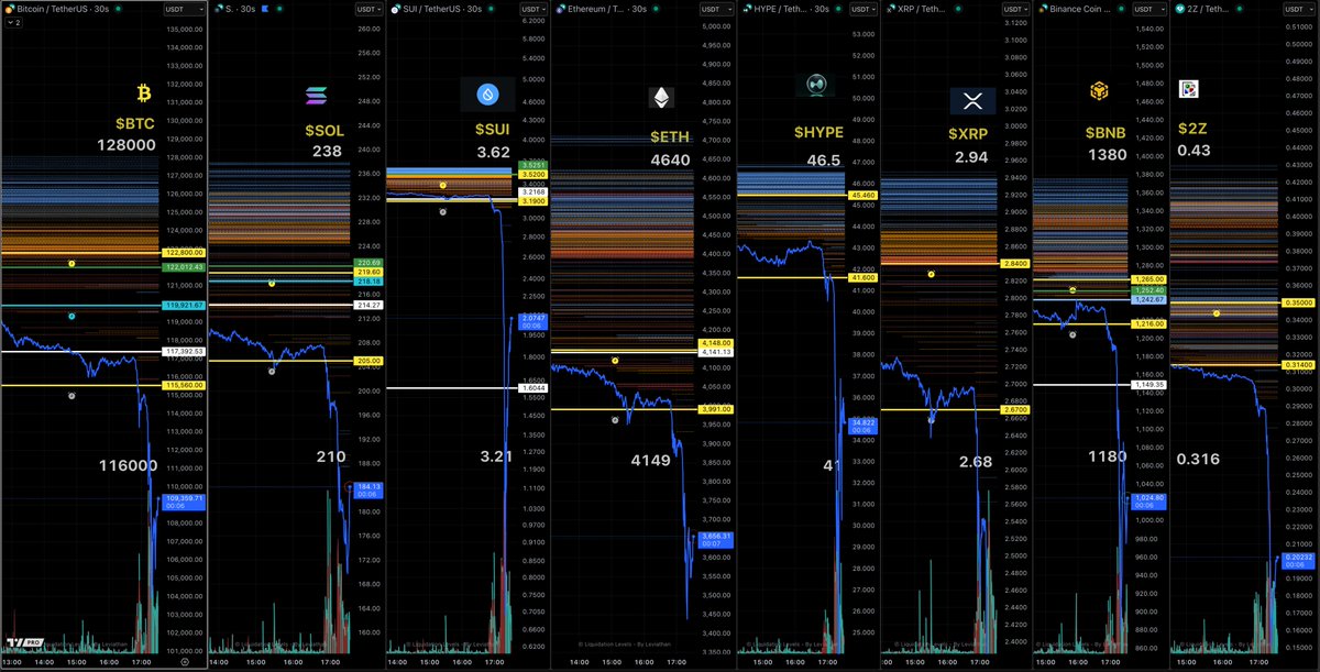 2025年10月10日のBTC、SOL、SUI、ETH、HYPE、XRP、BNBなどの暗号資産の清算水準のスクリーンショット