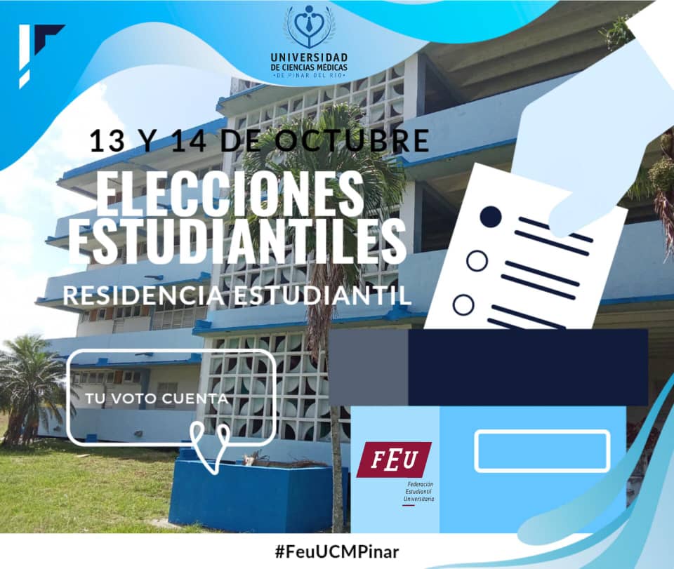 🚨🚨Ya saben, el próximo Lunes, 13 de Octubre, comienzan las elecciones de la Residencia Estudiantil. ‼️Todos los estudiantes tienen derecho al voto.‼️
#TuVotoCuenta
#FeuUCMPinar