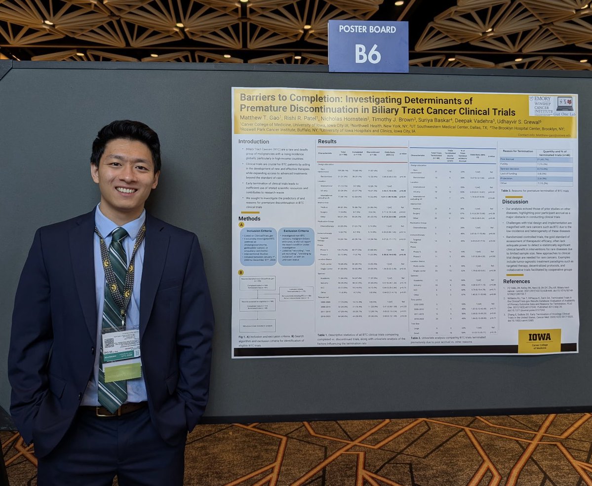 TheGutOncLab's tweet image. We are proud of @IowaMed MS3 Matthew Gao for representing the lab at #ASCOQLTY25 
His work is focused on premature discontinuation of biliary tract cancer clinical trials @curecc 
Manuscript under review 📝 
@TimothyJBrownMD @UGrewalMD @Deebacca @GIMedOnc