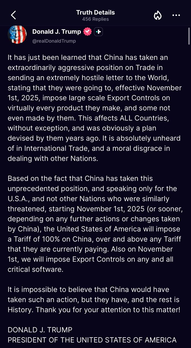 ramdeepmishra11's tweet image. 🚨 #BREAKING:  President Trump imposing 100% tariffs on #China starting November 1st and export controls on &quot;any and all critical software.&quot;

It’s OVER 🥲
#DonaldTrump #Tariff