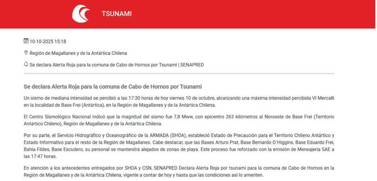 🚨 #AlertaADN 

🌊⚠️ Hay alerta de tsunami en la comuna de Cabo de Hornos, en Chile, luego del sismo magnitud 7.8 al Noroeste de Base Frei cerca de la Región de Magallanes y la Antártica Chilena 

x.com/Senapred/statu…
