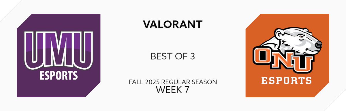 Valorant goes live tonight at 6pm with <a href="/umuesports/">Mount Union Esports</a> (4-0) vs <a href="/ONU_esports/">ONU Esports</a> (5-1) Come watch some of the best East Division teams compete over at twitch.tv/glecgg