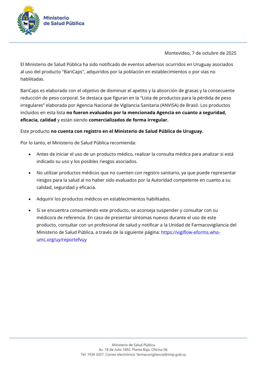 🚨🚨 Compartimos comunicado del MSP sobre producto no registrado en Uruguay “BariCaps” 

➡️ Aconsejamos a pacientes a no consumir este producto y a prescriptores/as a no recomendarlo ⬅️

🔗gub.uy/ministerio-sal…