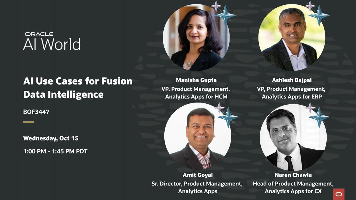 OracleAnalytics's tweet image. 💡 See how AI is transforming every part of the business.

Join leaders from Oracle’s HCM, ERP, SCM, and CX analytics teams at Oracle AI World as they share real-world AI use cases powered by Fusion Data Intelligence—from finance and procurement to workforce and customer…