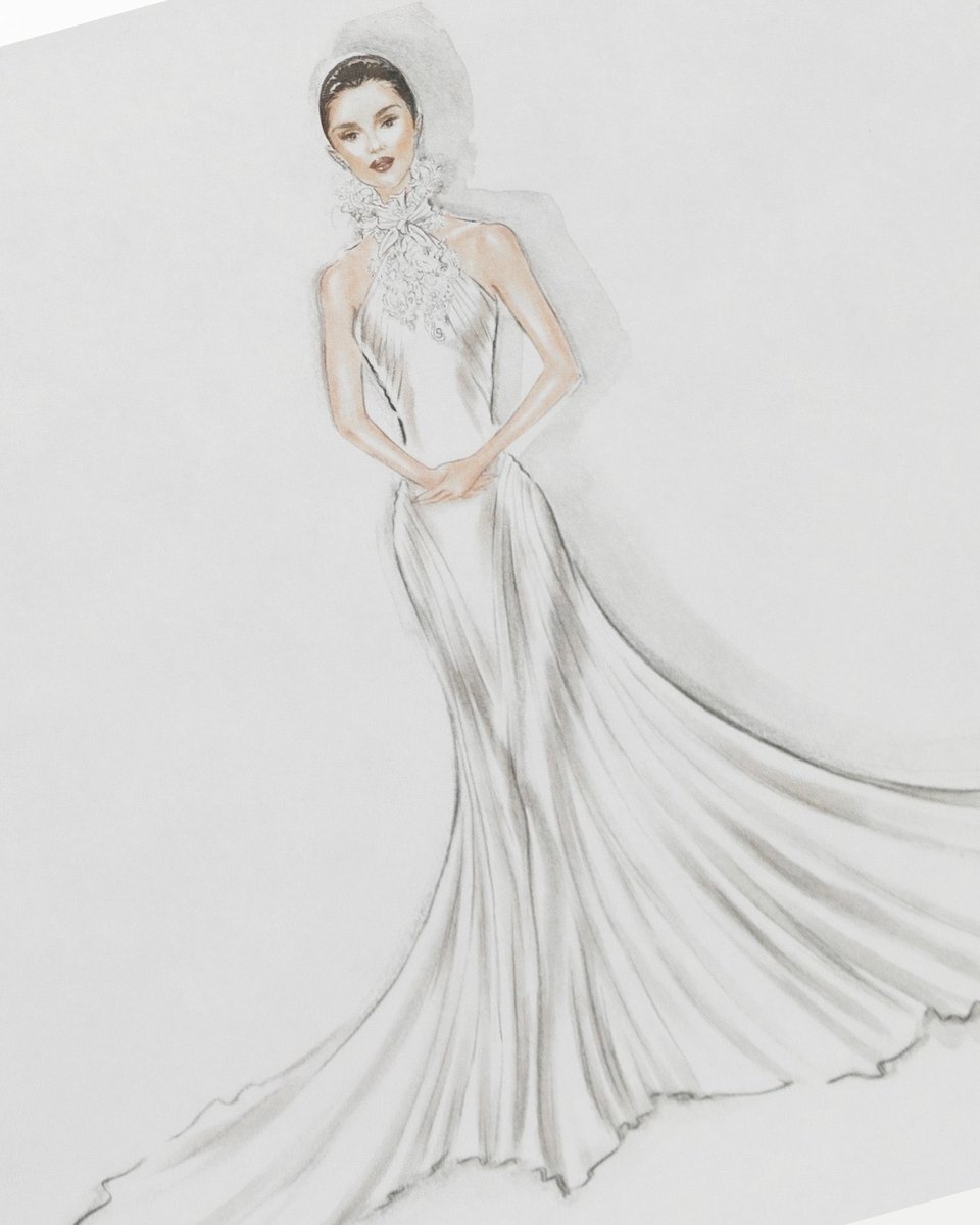 selenagomezbr's tweet image. Croqui e descrição do segundo vestido usado por Selena Gomez em seu casamento:
“Um custom-made RL de seda e renda, com detalhes bordados, painéis drapeados e decote em macramê.”