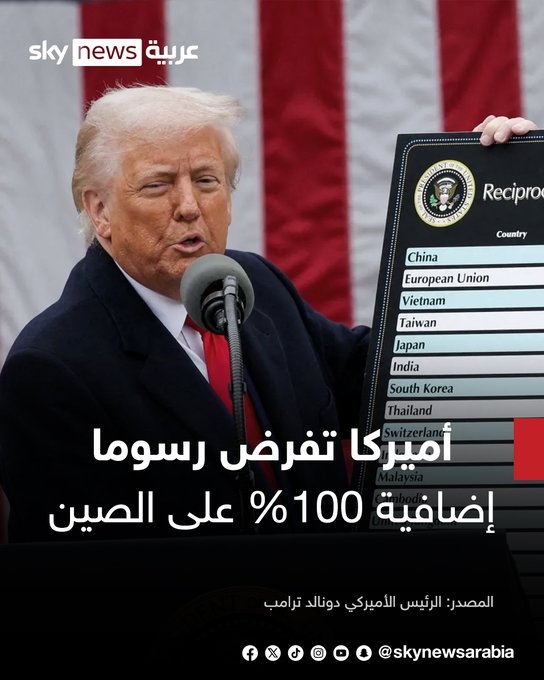 أعلن الرئيس الأميركي دونالد ترامب، اليوم، فرض رسوم جمركية إضافية بنسبة 100% على جميع الواردات القادمة من الصين، إلى جانب قيود مشددة على تصدير البرمجيات الأميركية الحيوية، وذلك اعتباراً من الأول من نوفمبر 2025 #سوشال_سكاي 