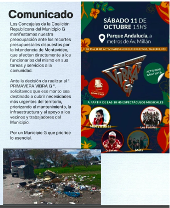 Lista3Mvdeo's tweet image. Evitar el derroche de dineros públicos

La cultura es importante pero el Municipio G debe priorizar en obras que hoy no están siendo atendidas. 
Nuestra Concejal Raquel Verdum (PN) junto a la Coalición Republicana cuestiona el derroche del espectáculo Vibra G de este sábado 11.