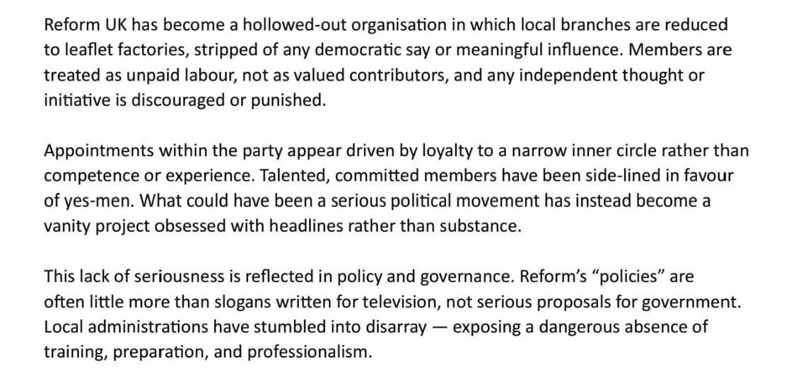 jdpoc's tweet image. Yet another “I QUIT!” letter from yet another #Reform Official.

This is becoming a trend.

Even formally loyal #Reform Officials are waking up to the fact that the party is nothing but a Farage Vanity Project.