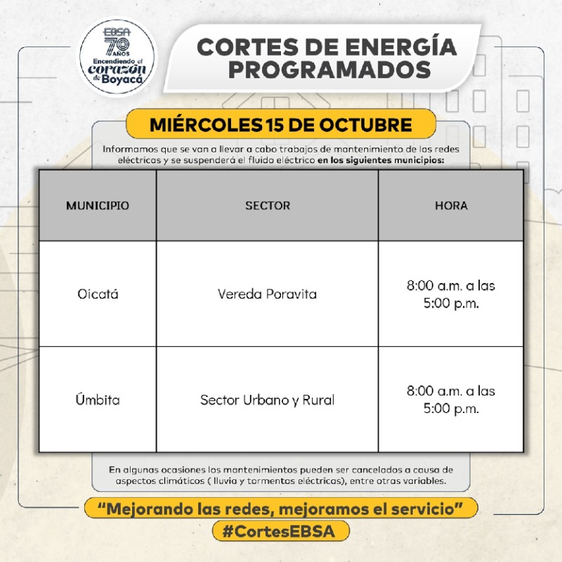 🕯️ #CortesProgramados | Miércoles 15 de octubre 🗓️ Programación de suspensiones en el servicio de 💡energía,  para el mantenimiento e instalación de redes. Infórmate sobre las suspensiones en tu área visitando ➡️ ebsa.com.co/sitio/cortes_e…