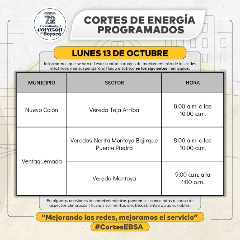 🕯️ #CortesProgramados | Lunes 13 de octubre 🗓️ Programación de suspensiones en el servicio de 💡energía,  para el mantenimiento e instalación de redes. Infórmate sobre las suspensiones en tu área visitando ➡️ ebsa.com.co/sitio/cortes_e…
