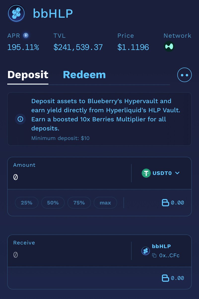 bbHLP returned 10% in one day today.

Get high risk adjusted yields using corewriter, integrated with DeFi, and protect yourself from days like today.

The only HLP token to use corewriter on HyperEVM.

app.blueberry.garden
