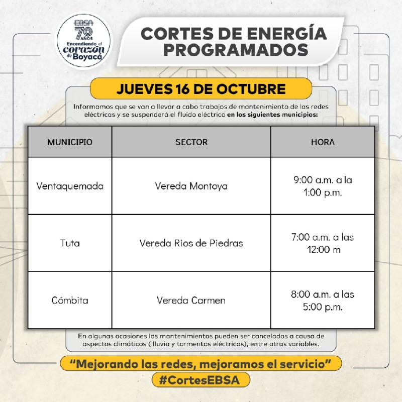 🕯️ #CortesProgramados | Jueves 16 de octubre 🗓️ Programación de suspensiones en el servicio de 💡energía,  para el mantenimiento e instalación de redes. Infórmate sobre las suspensiones en tu área visitando ➡️ ebsa.com.co/sitio/cortes_e…