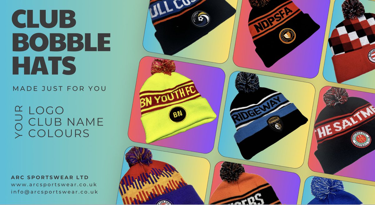 ARCSportswear's tweet photo. Bespoke club bobble hats! Perfect for any sports team, school, uni or business. 

Designed and made specifically for you, club colours, logo and name. 

For more information please get in touch. https://t.co/eOZcYMYnrH