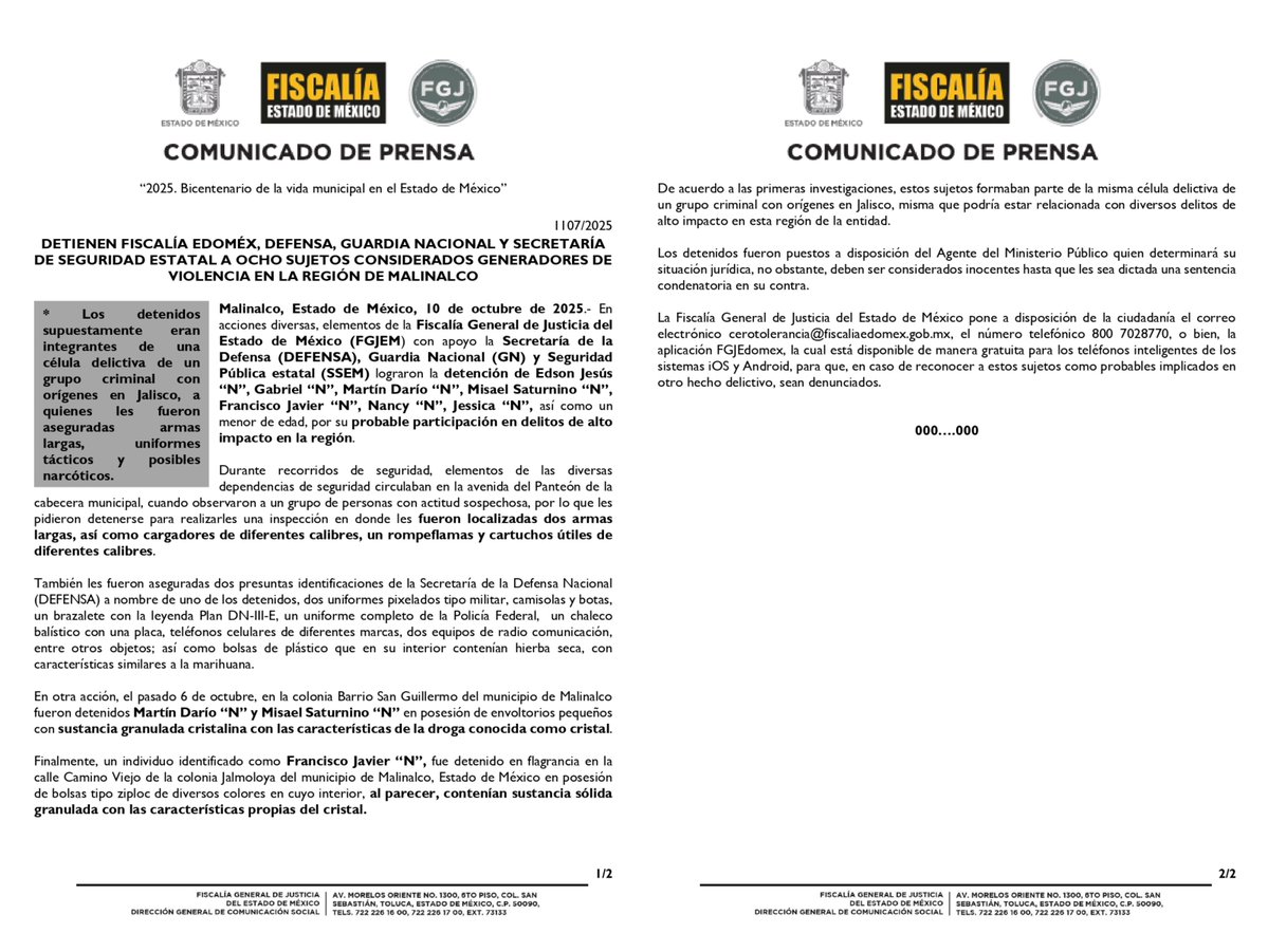 FiscaliaEdomex's tweet image. #Resultados.
En acciones diversas, elementos de la #FiscalíaEdoméx con apoyo de la @Defensamx1, @GN_MEXICO_  y @SS_Edomex  detuvieron en el municipio de #Malinalco a Edson Jesús “N”, Gabriel “N”, Martín Darío “N”, Misael Saturnino “N”, Francisco Javier “N”, Nancy “N”, Jessica…