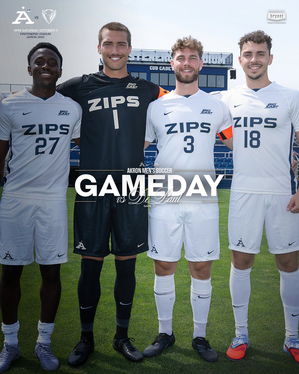 ⚽️ GAMEDAY ⚽️ No. 22 <a href="/ZipsMSoc/">Akron Zips M Soccer</a> hosts <a href="/DePaulMSOC/">DePaul Men's Soccer</a> for Senior Night at 6 pm

#GoZips | #MakeTheClimb | <a href="/ZipsMSoc/">Akron Zips M Soccer</a> 🦘

📅 Saturday (Oct. 11)
🕕 6:00 pm
📍 FirstEnergy Stadium
💻 Stats 👉 tinyurl.com/ygputfan
📺 Video 👉 tinyurl.com/24xyp4g5
🎟️ Tickets 👉 tinyurl.com/2dz5gqyl