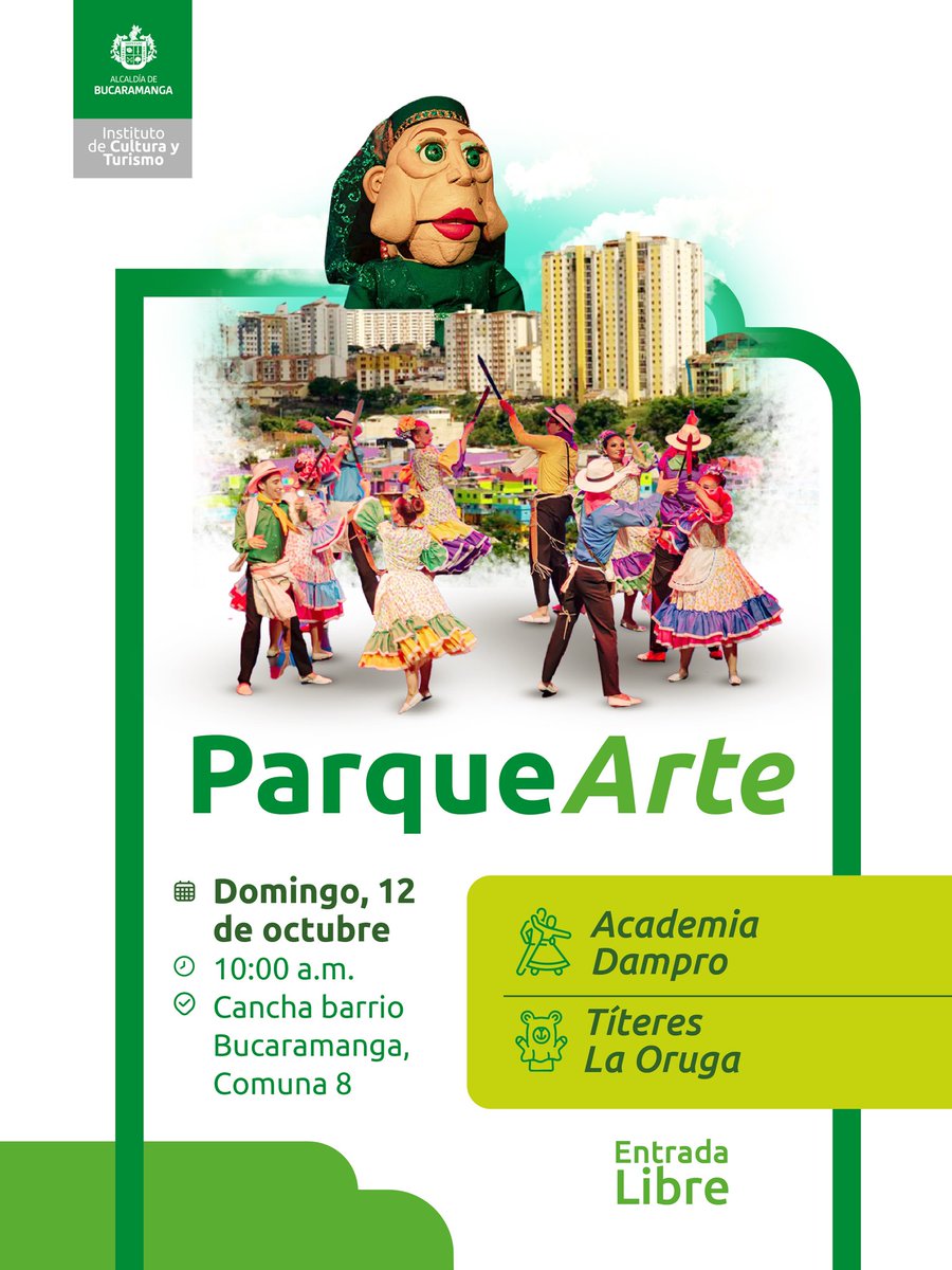 ¡Regresa #ParqueArte! 🤩🏡👏🏽 Todos agendados para este domingo, 12 de octubre disfrutar de un derroche de cultura, arte y diversión para nuestras familias bumanguesas. ¡Los esperamos! 😁

📍Cancha barrio Bucaramanga, comuna 8.
⏰ 10:00 a.m.