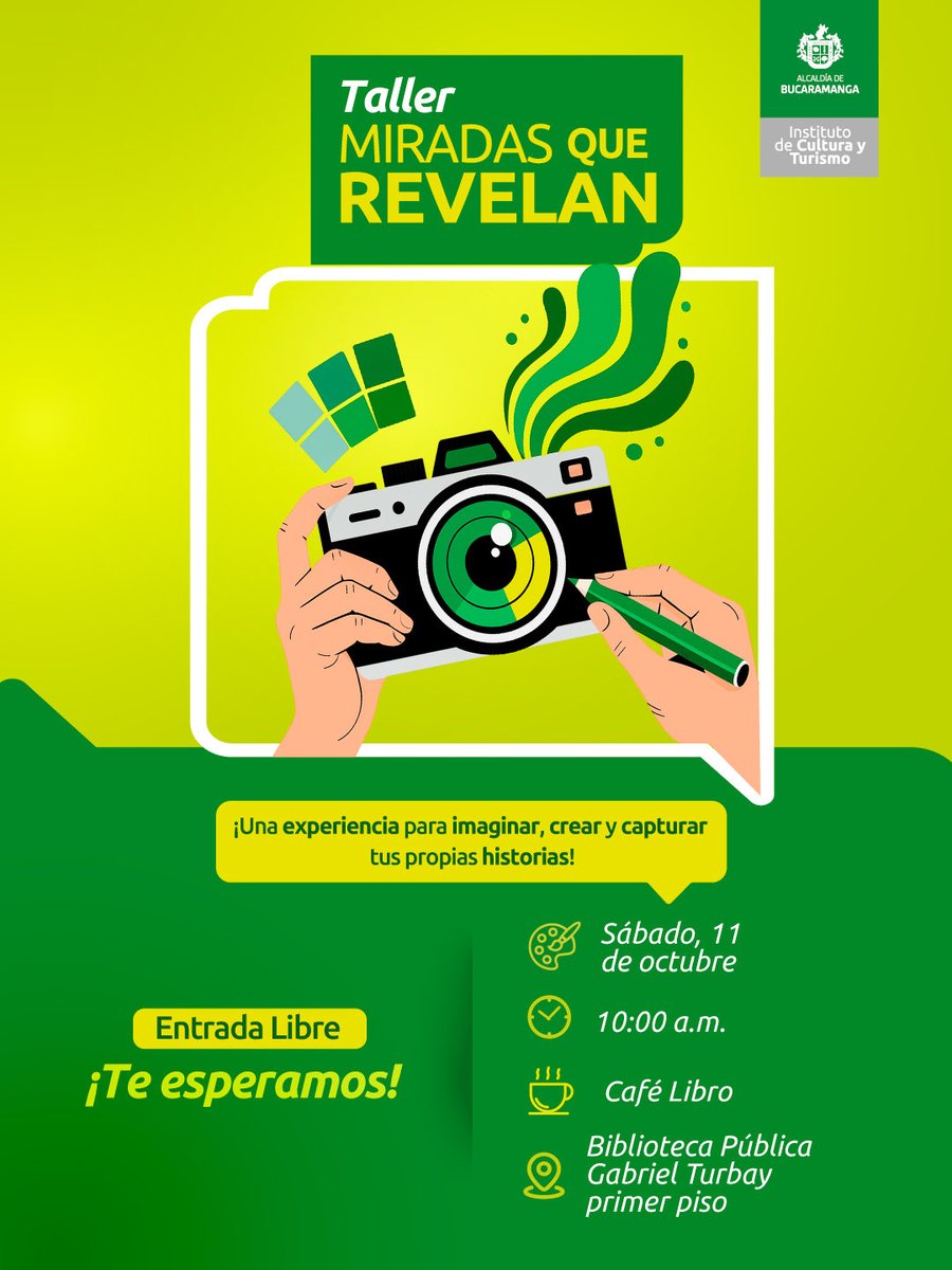 ¡Taller: miradas que revelan! 🤩📸
Los esperamos en el Café Libro, primer piso del IMCT. ¡Imperdible! 😁👩🏻‍🏫

🗓️ Sábado, 11 de octubre.
⏰ 10:00 a.m.