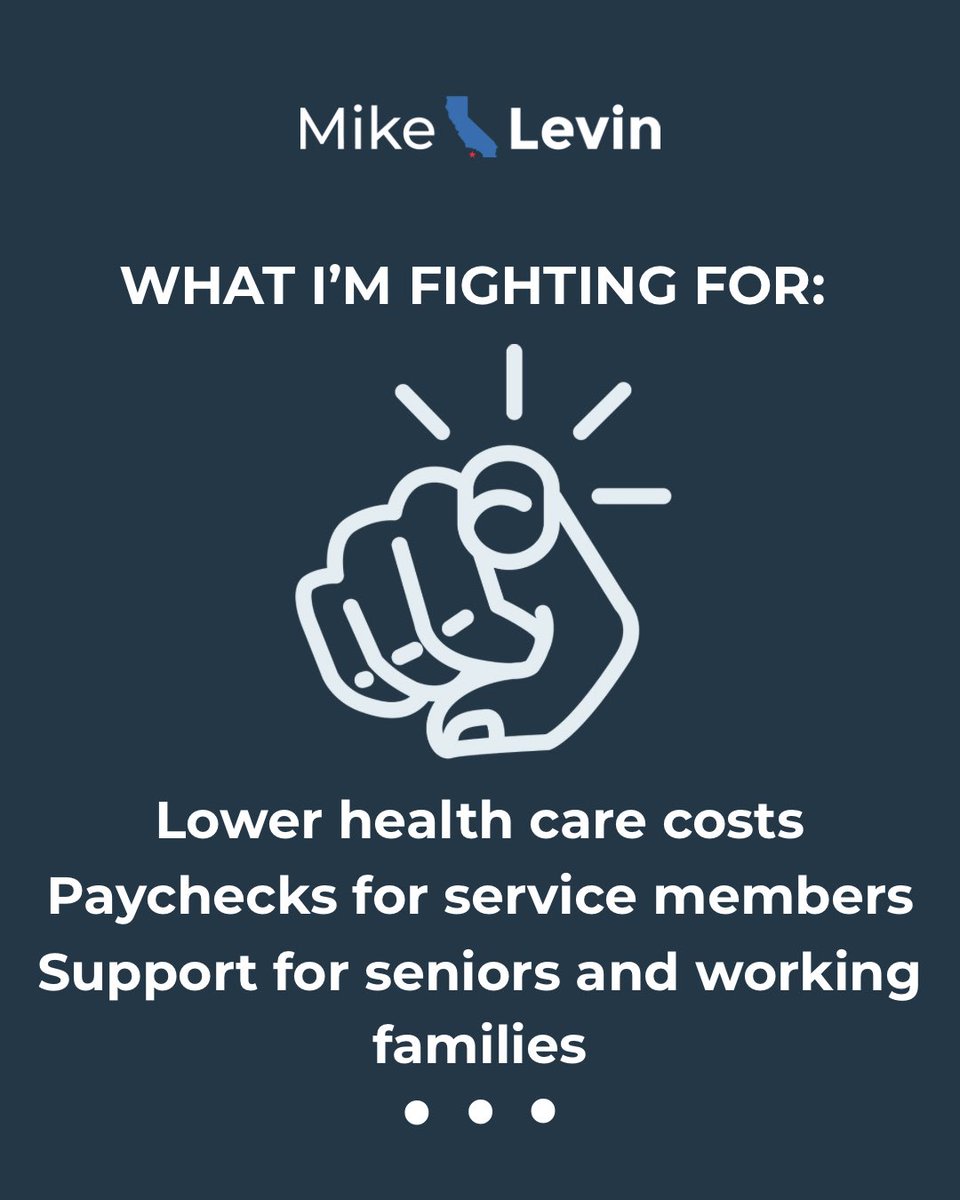 RepMikeLevin's tweet image. Here’s what I’m fighting for:  
1. Our service members and their  families 
2. Lower health care costs for MILLIONS across this country 
3. Health insurance for over 660,000 Californians that could lose it if Congress doesn’t act 
4. Seniors and working families who face…