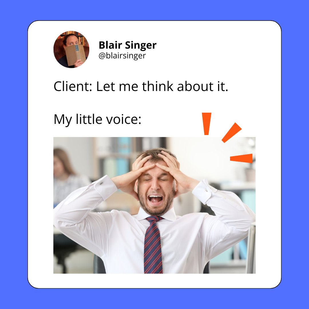 blairsinger's tweet image. My Little Voice when a client says ‘let me think about it’ 👀

➡️ Panic mode

Blair Singer: Objections ≠ rejection. Breathe. Lean in. Lead.

blairsinger.com/lvsk/

#SalesTips #ObjectionHandling