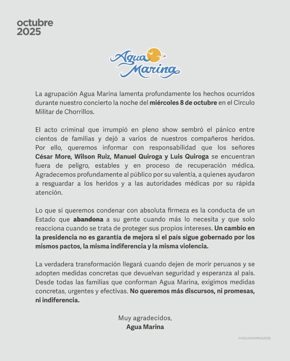 Fuerte, pertinente y necesario comunicado de Agua Marina. 

⬇️⬇️⬇️