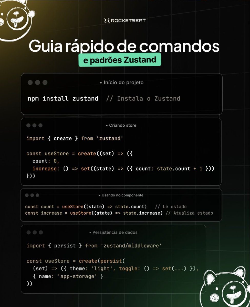 📚 Dev em foco:

Gerenciar estado em aplicações React pode ser um desafio, mas o Zustand chega como uma alternativa simples, performática e sem boilerplate.

Na prática, você consegue criar stores leves, persistir dados no localStorage e até integrar com middlewares como immer e