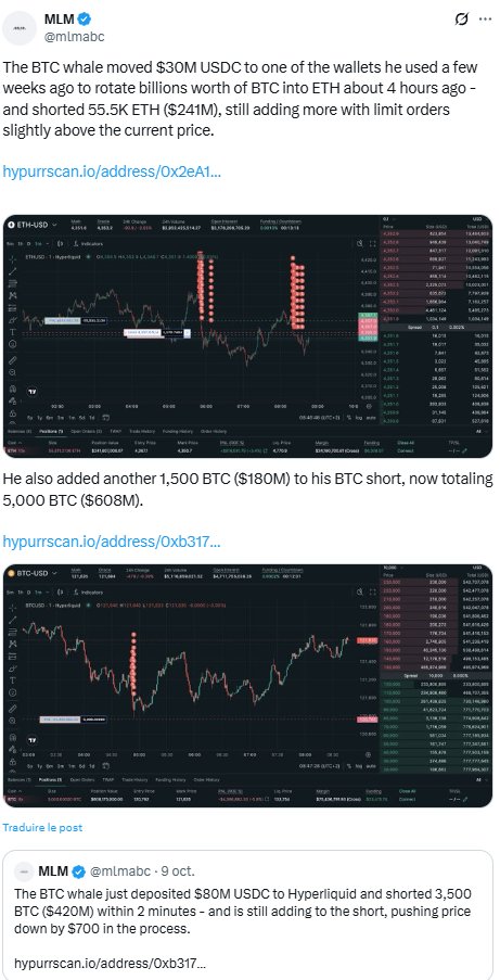 🔴 Quelques heures avant le crash brutal du marché crypto, une whale avait pris d'énormes positions short sur BTC et ETH pour près d'un milliard de dollars.

Coïncidence ?