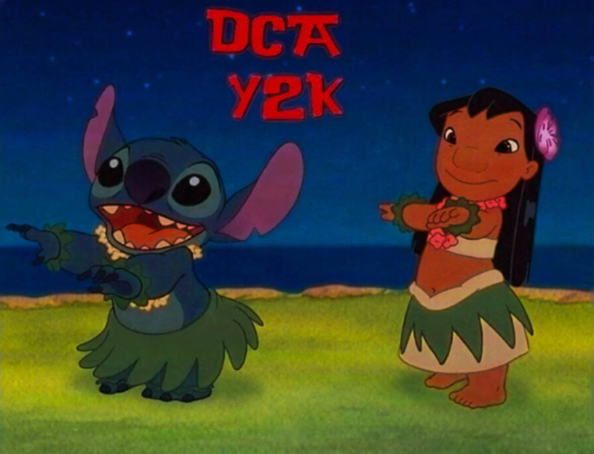 Meme image of Stitch and Lilo dancing with DCA Y2K text overlay
