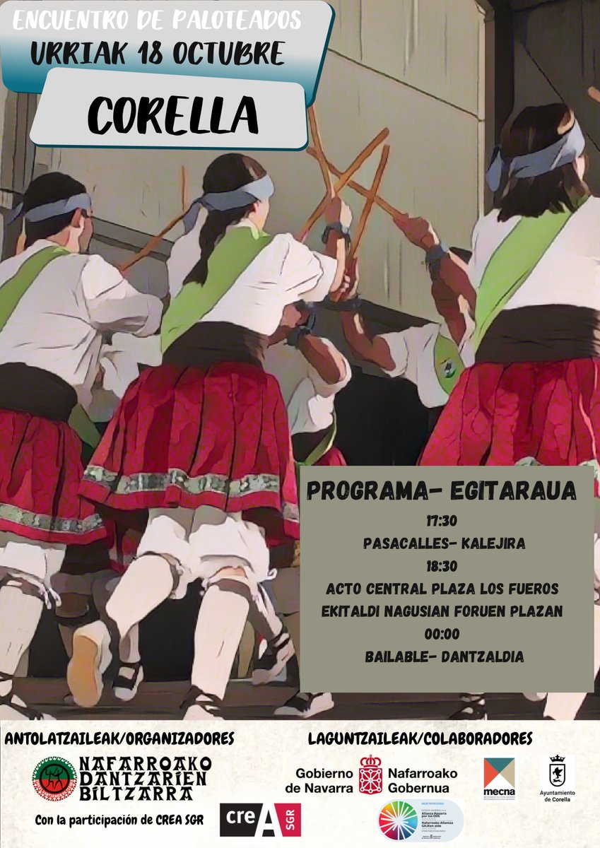 🥢X. Encuentro de Paloteados de La Ribera de Navarra
📅Sábado, 18 de Octubre
📍 Plaza de los Fueros de Corella
------------
🥢Nafarroako Erriberako X. Makil-dantzen Topaketa
📅Urriak 18, Larunbata
📍 Korellako Foruen Plaza
<a href="/dantzan/">dantzan</a> <a href="/ortzadarEFE/">Ortzadar EFE</a> <a href="/cultura_na/">Cultura - Kultura</a> <a href="/gob_na/">Gobierno de Navarra</a> <a href="/AuzoNews/">Festaro/Auzo News</a>