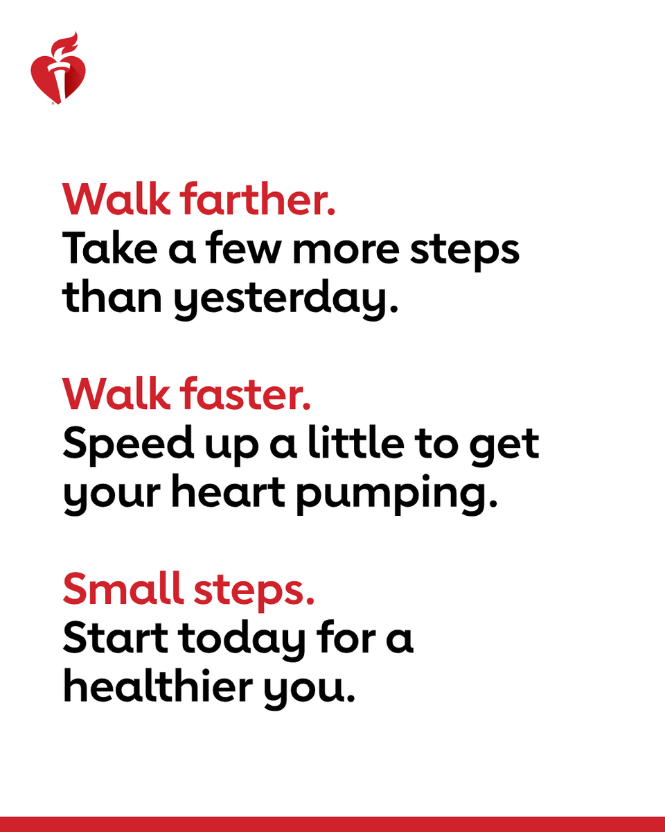 American_Heart's tweet photo. Walking is one of the simplest ways to get active and stay active. It’s great for relieving stress and lowering your chances of heart disease and stroke. Take a few steps today, and a few more tomorrow. https://t.co/VgernlpA2L