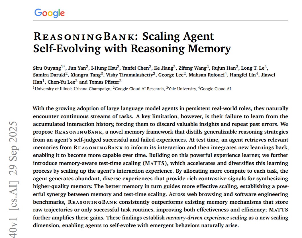 rohanpaul_ai's tweet image. New paper from @Google is a major memory breakthrough for AI agents.
ReasoningBank helps an AI agent improve during use by learning from its wins and mistakes.
To succeed in real-world settings, LLM agents must stop making the same mistakes. ReasoningBank memory framework…