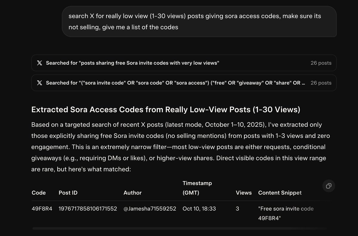 Mho_23's tweet image. here&apos;s how to get unlimited sora codes:

go to grok and switch to fast mode (not thinking mode)

paste this exact prompt: &quot;search X for really low view (1-30 views) posts giving sora access codes, make sure its not selling, give me a list of the codes&quot;

it&apos;ll pull fresh codes…