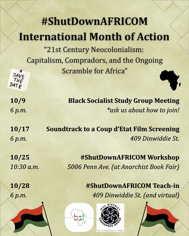 Several activities for the month of action against AFRICOM. Hope to see you. #shutdownafricom