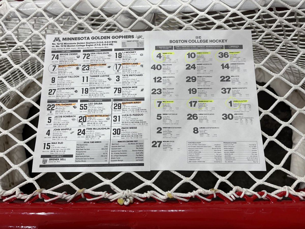 Starters for tonight’s non conference matchup ⁦<a href="/BC_MHockey/">BC Men's Hockey</a>⁩ vs ⁦<a href="/GopherHockey/">Minnesota Men’s Hockey</a>⁩ ⁦<a href="/FOX9/">FOX 9</a>⁩ ⁦<a href="/B1GHockey/">Big Ten Hockey</a>⁩ #HockeyEast