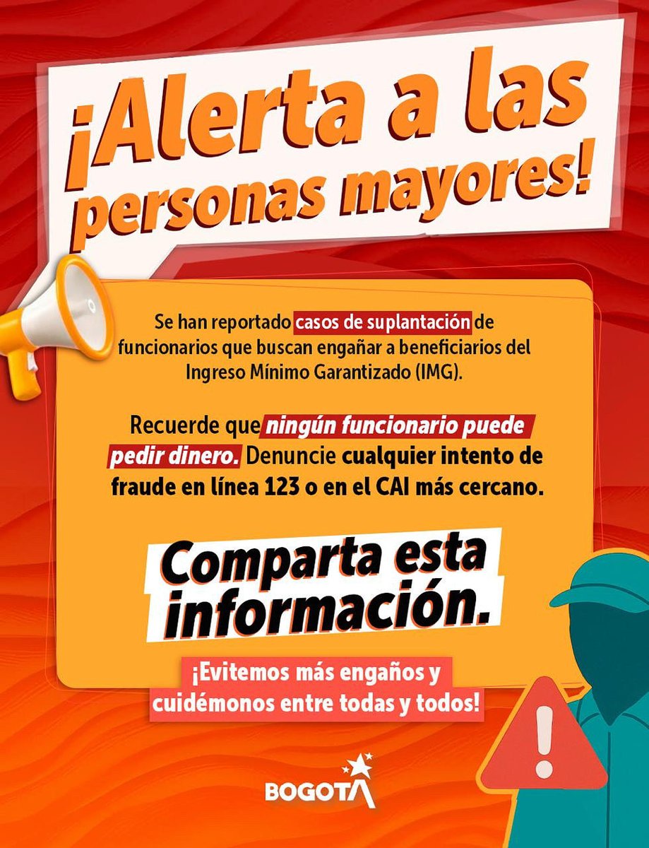 📢 ¡Atención adulto mayor!
Se han reportado casos de suplantación de funcionarios que intentan engañar a los beneficiarios del programa Ingreso Mínimo Garantizado.
⚠️ Recuerda: ningún funcionario solicita dinero ni información personal para acceder a los beneficios.