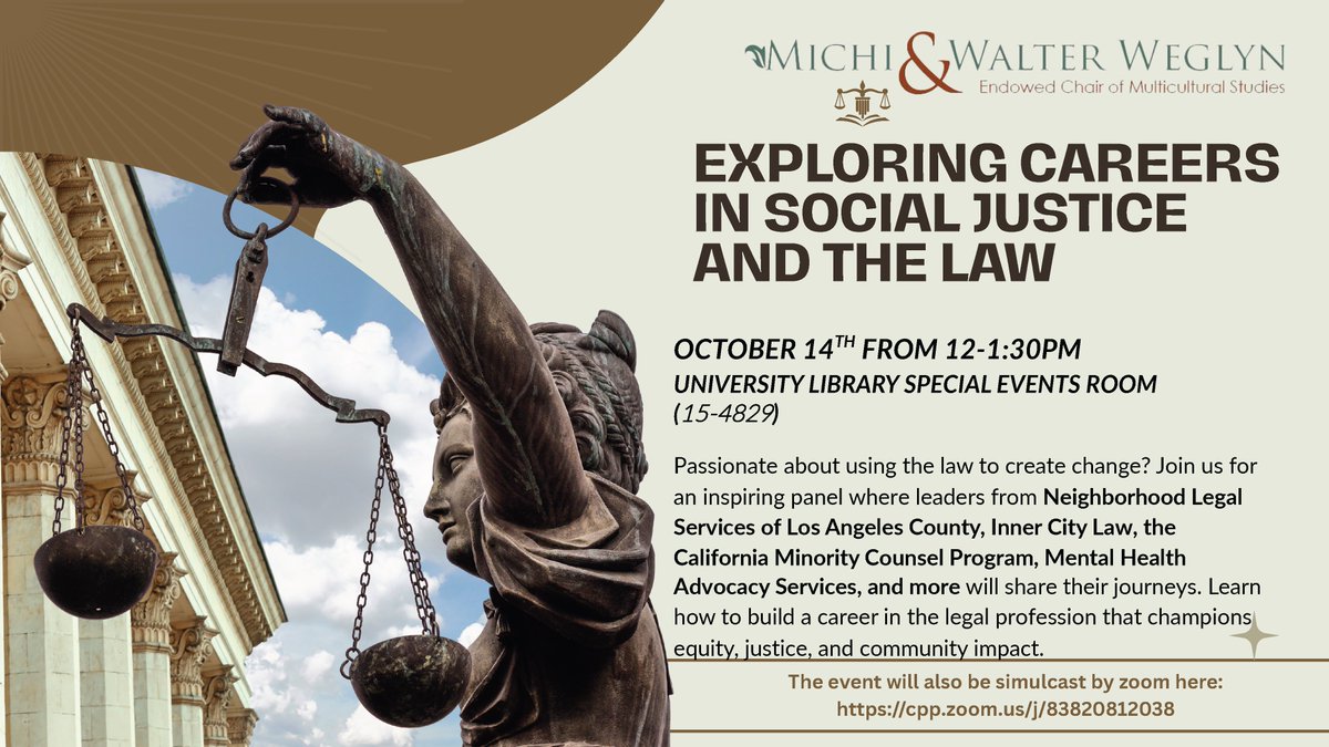 cpplibrary's tweet image. ⚖️ Explore Careers in Social Justice & Law!
Join a panel of legal leaders from LA County & beyond to learn how to build a career that drives equity & community impact.
📅 Oct 14 | 12–1:30 PM
📍 Library Special Events Room (15-4829)
💻 Zoom: cpp.zoom.us/j/83820812038