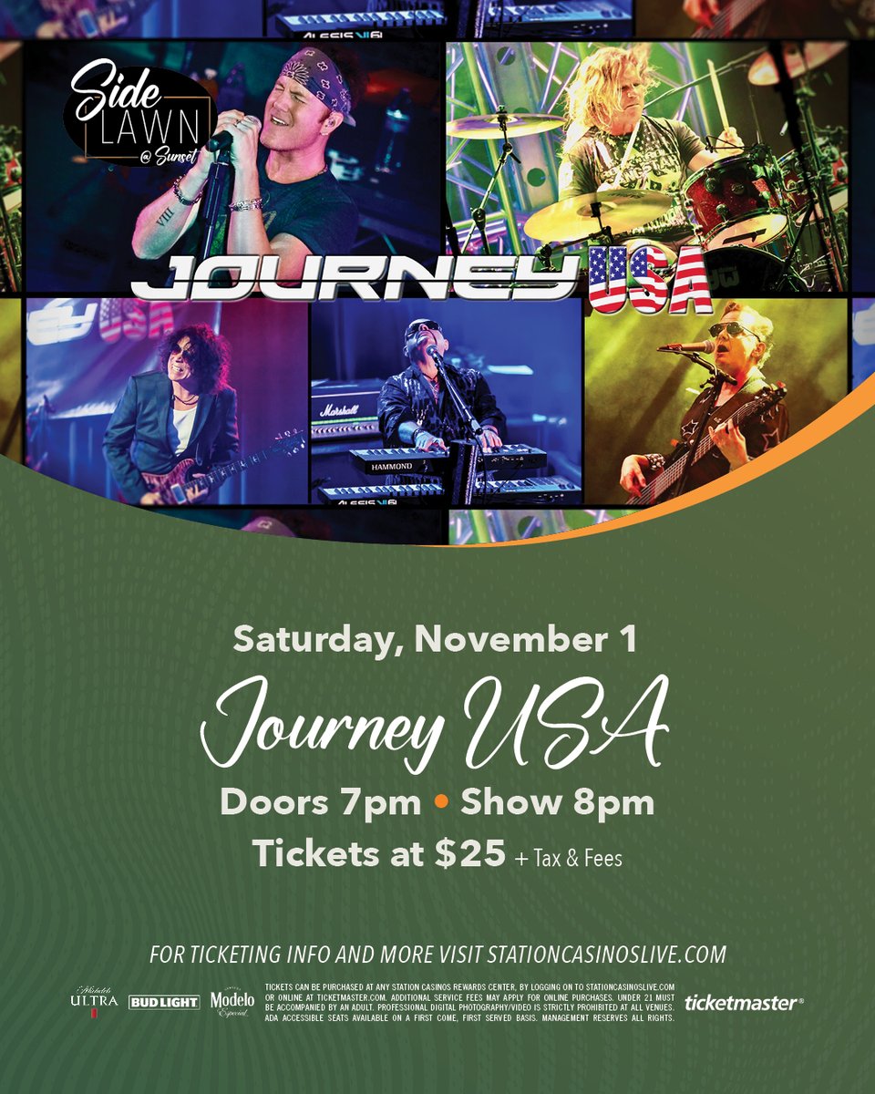 Don’t stop believin’… Journey USA, the ultimate Journey tribute band, is coming to Sunset Station! 🎤 Catch them LIVE on the Side Lawn on Saturday, November 1st. 

Tickets at $25. Grab yours now: ticketmaster.com/journey-usa-he…