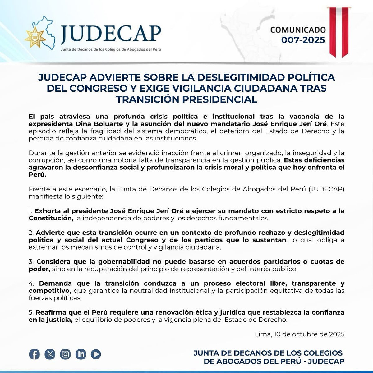 JUDECAP_OFICIAL's tweet image. 📢#COMUNICADO 007 -2025 | JUDECAP ADVIERTE SOBRE LA DESLEGITIMIDAD POLÍTICA DEL CONGRESO Y EXIGE VIGILANCIA CIUDADANA TRAS TRANSICIÓN PRESIDENCIAL

Lima, 10 de octubre de 2025
