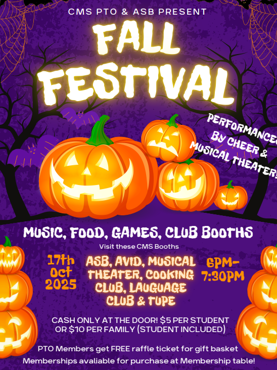 CMS Fall Festival is one week away!  Join us at 6pm on Friday, October 17th for food, games and family fun!  Hope to see you there!