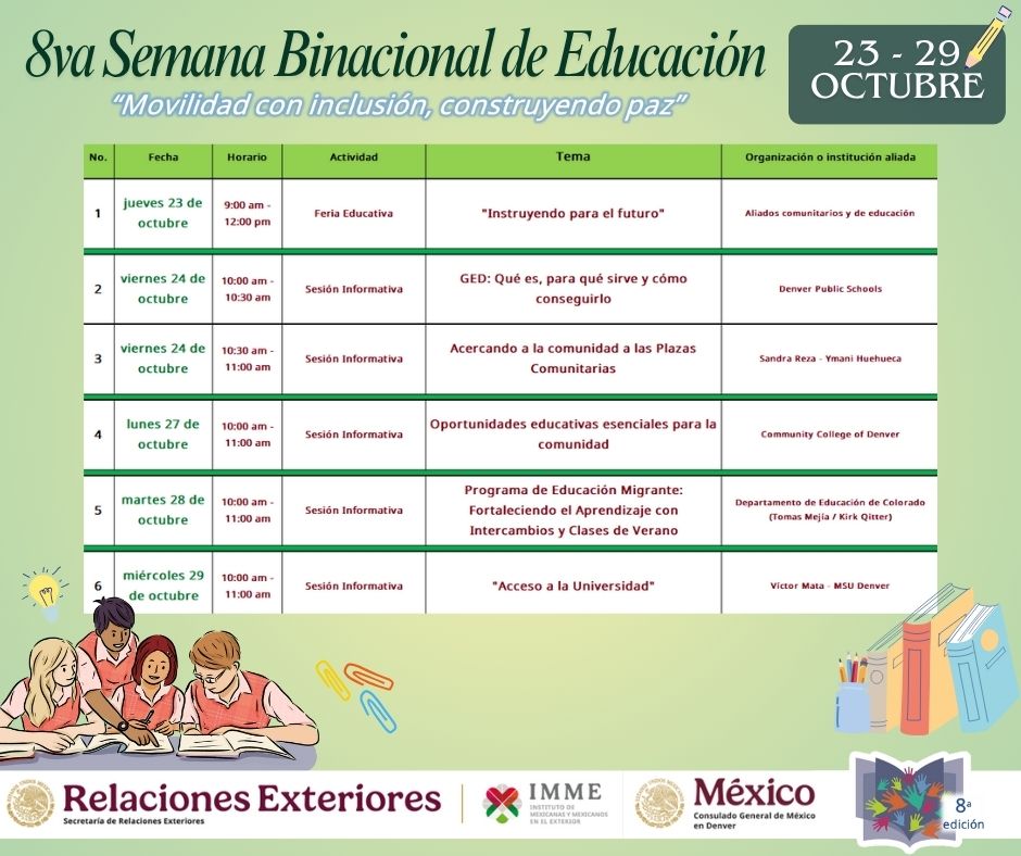 ConsulMexDen's tweet image. 📚 ¡La educación nos mueve!
  Del 23 al 29 de octubre de 2025, el Consulado te invita a ser parte de   la 8ª Semana Binacional de Educación, bajo el lema “Movilidad con   inclusión, construyendo paz”.#SemanaBinacional #EducaciónConImpacto #ConstruyendoPaz   #MovilidadConInclusión