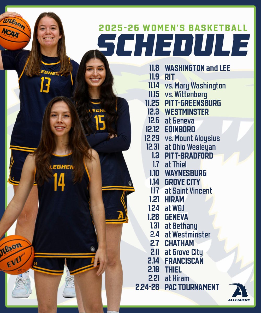 AlleghenyWBB's tweet photo. Our 2025-2026 Season Schedule!! 

#GoGators 🏀🐊 https://t.co/uq3p0SiH3B