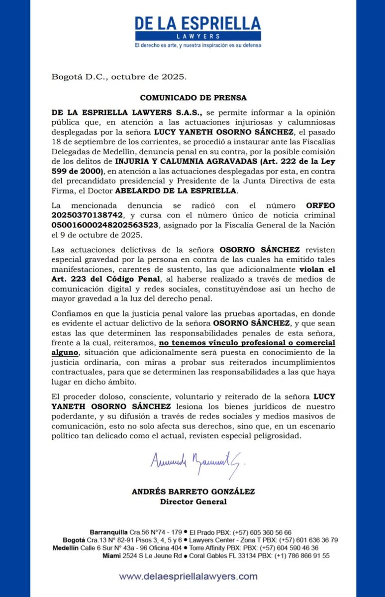 DELAESPRIELLALA's tweet image. #𝗖𝗢𝗠𝗨𝗡𝗜𝗖𝗔𝗗𝗢 🔵 Ante las afirmaciones falsas y difamatorias difundidas por la señora 𝗟𝘂𝗰𝘆 𝗬𝗮𝗻𝗲𝘁𝗵 𝗢𝘀𝗼𝗿𝗻𝗼 𝗦𝗮́𝗻𝗰𝗵𝗲𝘇 en redes sociales contra el 𝗗𝗿. 𝗔𝗯𝗲𝗹𝗮𝗿𝗱𝗼 𝗗𝗲 𝗹𝗮 𝗘𝘀𝗽𝗿𝗶𝗲𝗹𝗹𝗮, nuestra Firma DE LA ESPRIELLA LAWYERS,  interpuso…