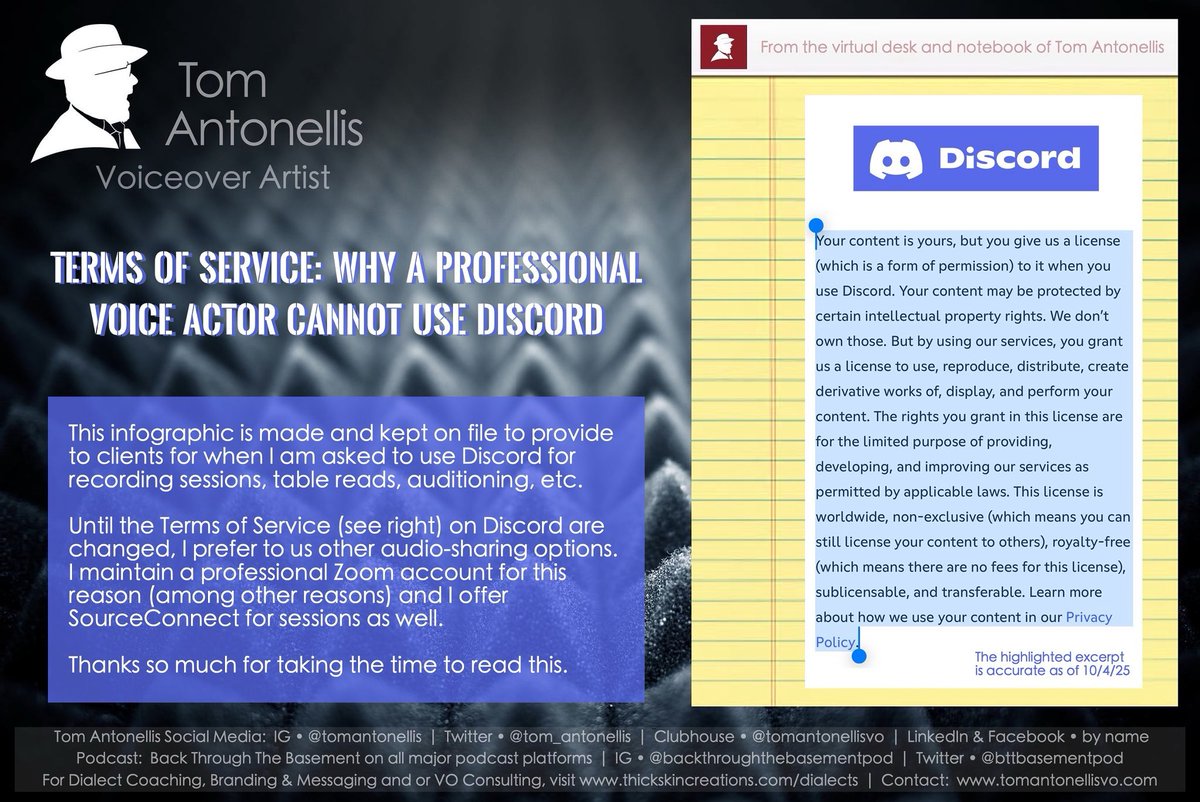 Terms of Service: Why a pro #voiceactor cannot use Discord…

This infographic is made &amp; kept on file to provide to clients for when I’m asked to use Discord for recording sessions, table reads, auditioning, etc.

-

[More in pic or at my other social media w/out char. limits]