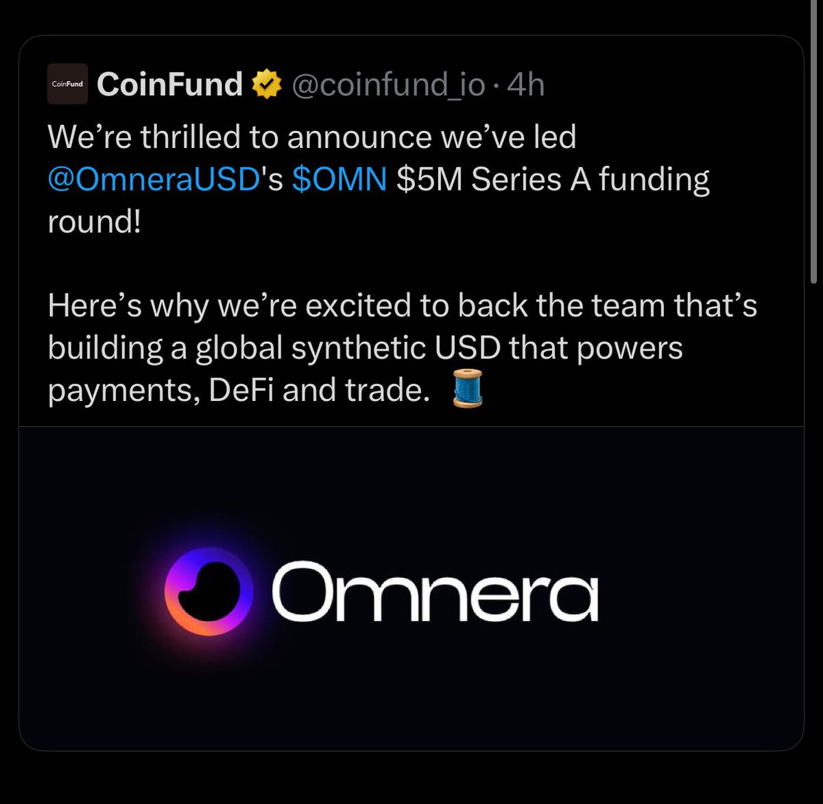 被入侵的 CoinFund X 帖子截屏，宣布对 OmneraUSD 的虚假投资