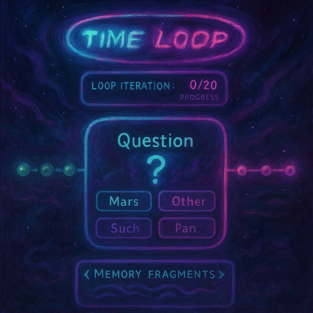 PyroflameGamesX's tweet image. "Time Loop Trivia Trials" is a sci-fi trivia game where you keep your memories across endless loops! Unlock shortcuts & beat the timeline.
➡️ PLAY: pyroflame.com/tltt
📜 CODE: pastebin.com/64mWwxnf
#TriviaGame #IndieGame #Timeloop #WebGame