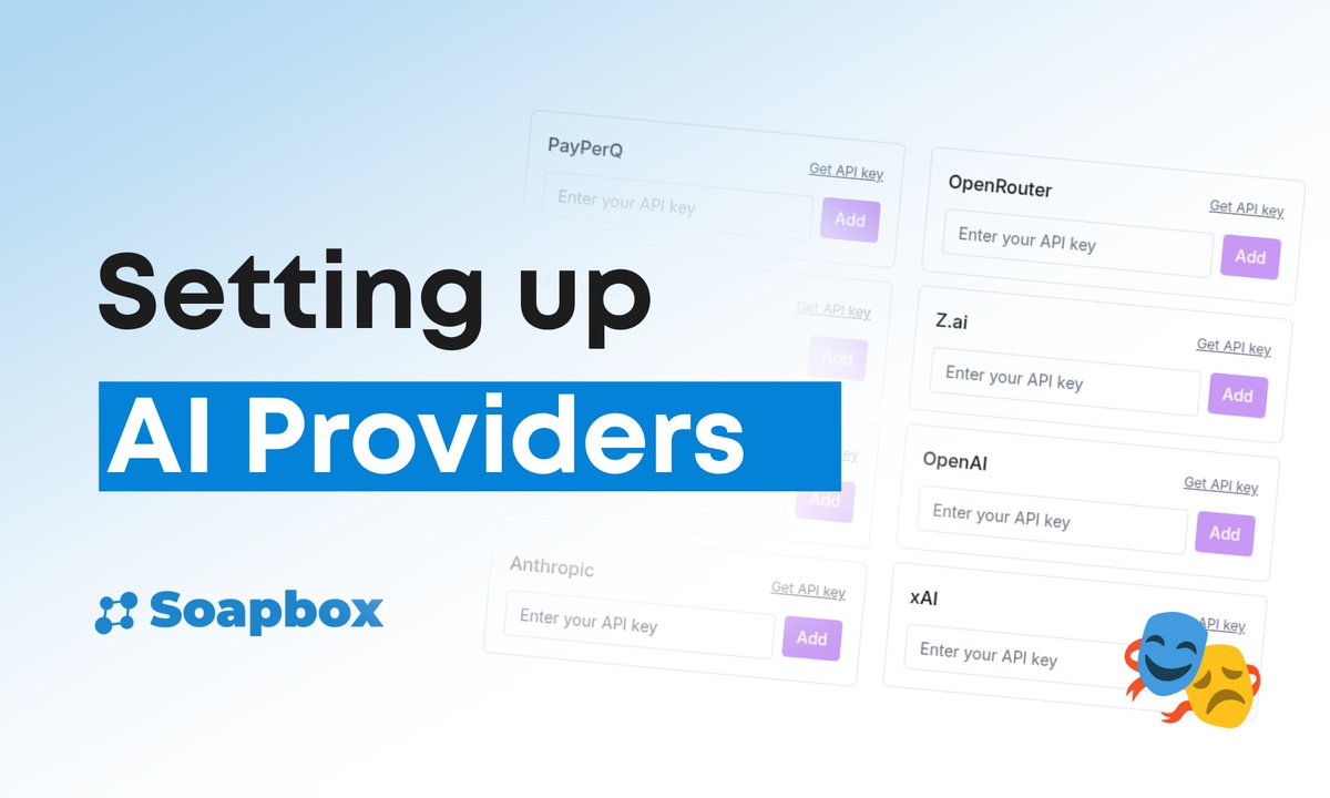 SoapboxTech's tweet image. Shakespeare lets you bring your own AI provider. Here&apos;s how to set it up in minutes with an API key. Choose from: 

🔹 OpenRouter
🔹 Routstr 
🔹 OpenAI 
🔹 xAI
🔹 PayPerQ
🔹 Z.ai
🔹 Anthropic 

You can also set up local AI with Ollama: loom.ly/pVYbVlk