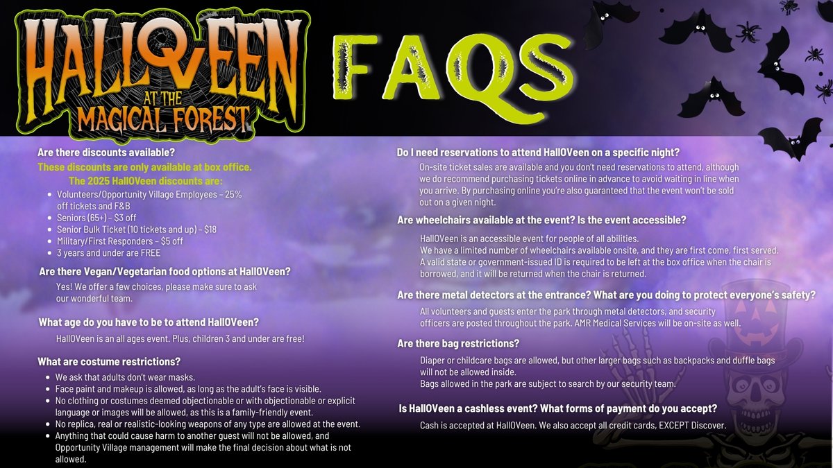 MagicalForestOV's tweet photo. You've got questions? We have the answers! 👻  Before you grab your ghoul-friends and head to the Magical Forest, check out our FAQ!

P.S. All ticket sales &amp; forest purchases support Opportunity Village!👉 Get your tickets at the box office or preorder at https://t.co/YS95tw4VDR https://t.co/0tNE1eWckk