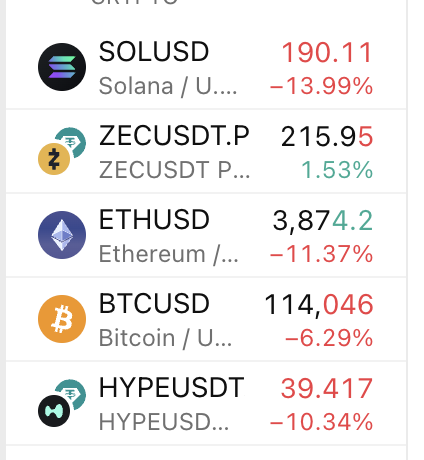 Screenshot of crypto prices showing ZEC in green amid red market