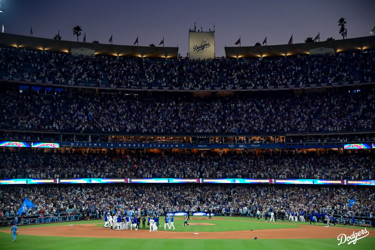 Dodgers's tweet image. Postseason moments at Dodger Stadium. 💙