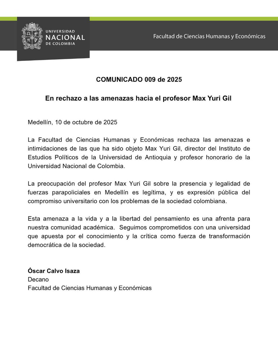 Comunicado 009 de 2025 - En rechazo a las amenazas hacia el profesor Max Yuri Gil.